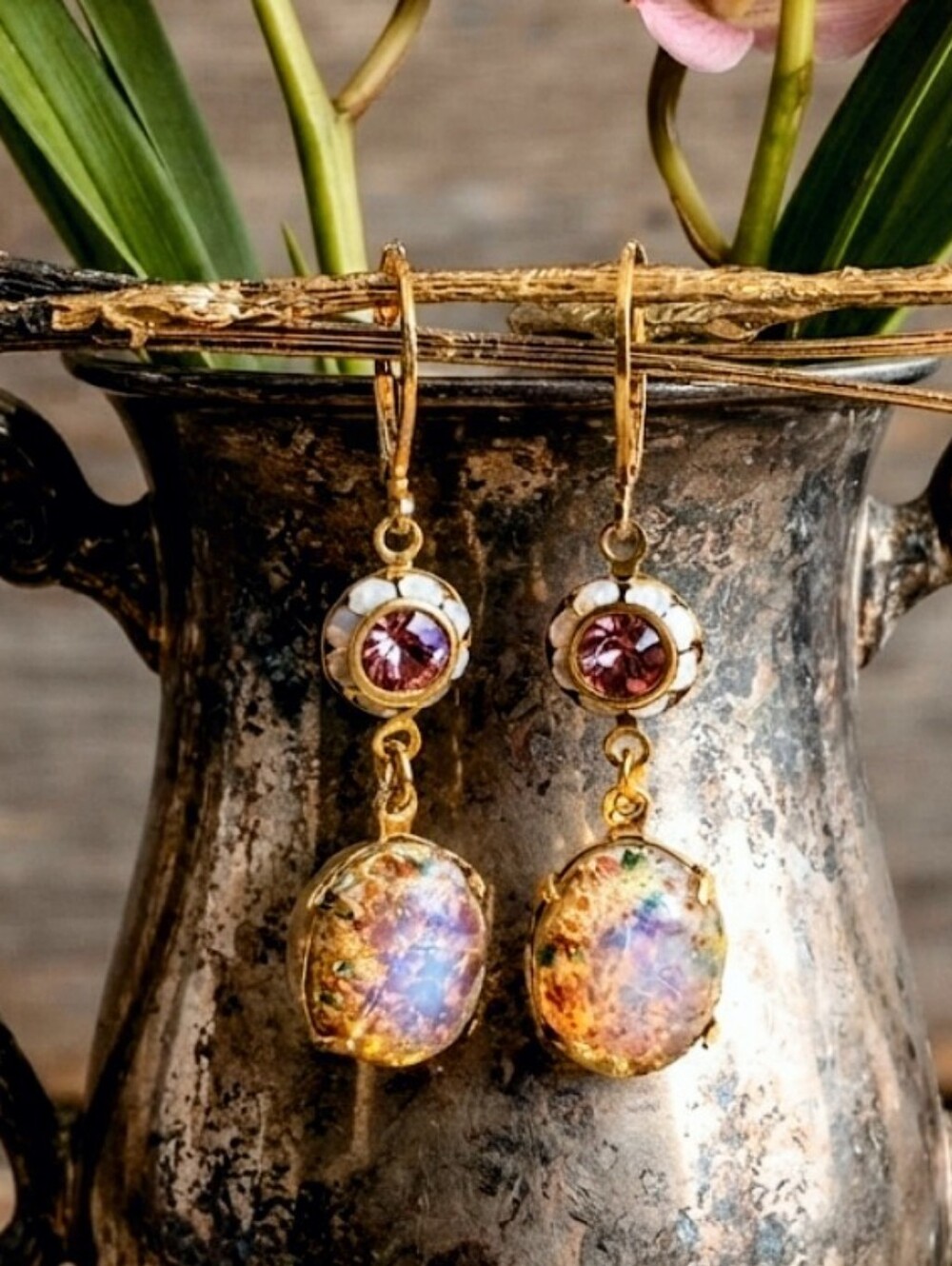 Pink Mystic Fire Opal & Swarovski Flower In Drop Down Earrings